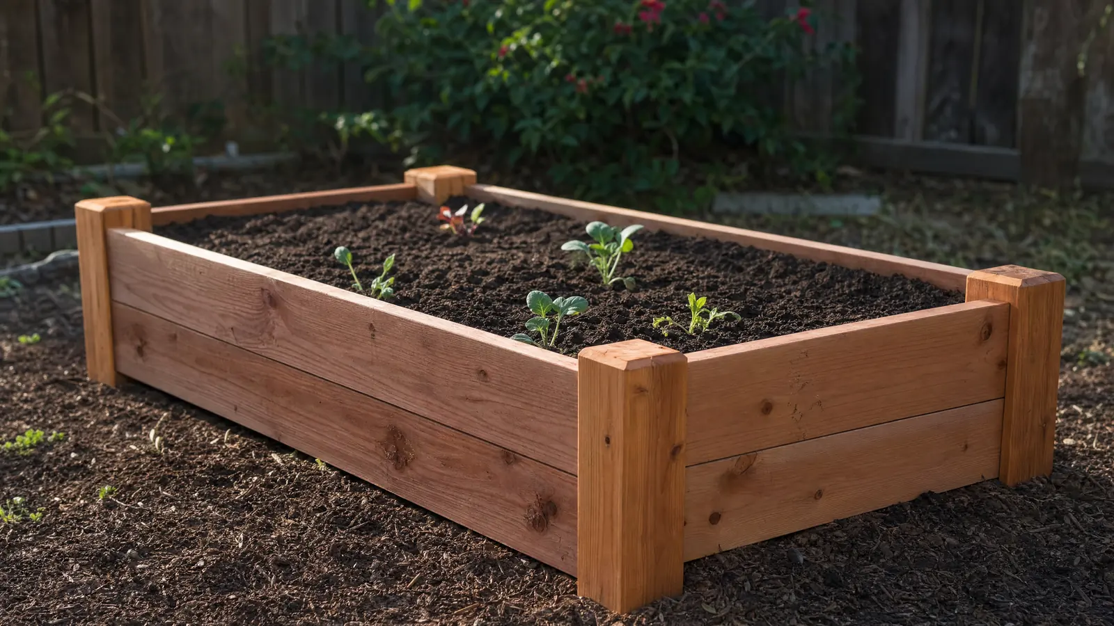 A freshly filled cedar raised garden bed made of two stacked boards with corner posts, dark soil and a few small seedlings in early-morning light.