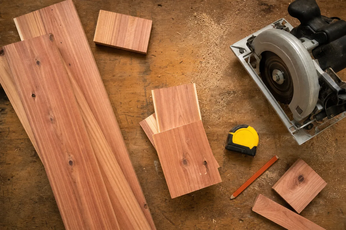 Top-down view of a workbench with cut cedar boards, a tape measure, a carpenter pencil and a circular saw surrounded by sawdust.