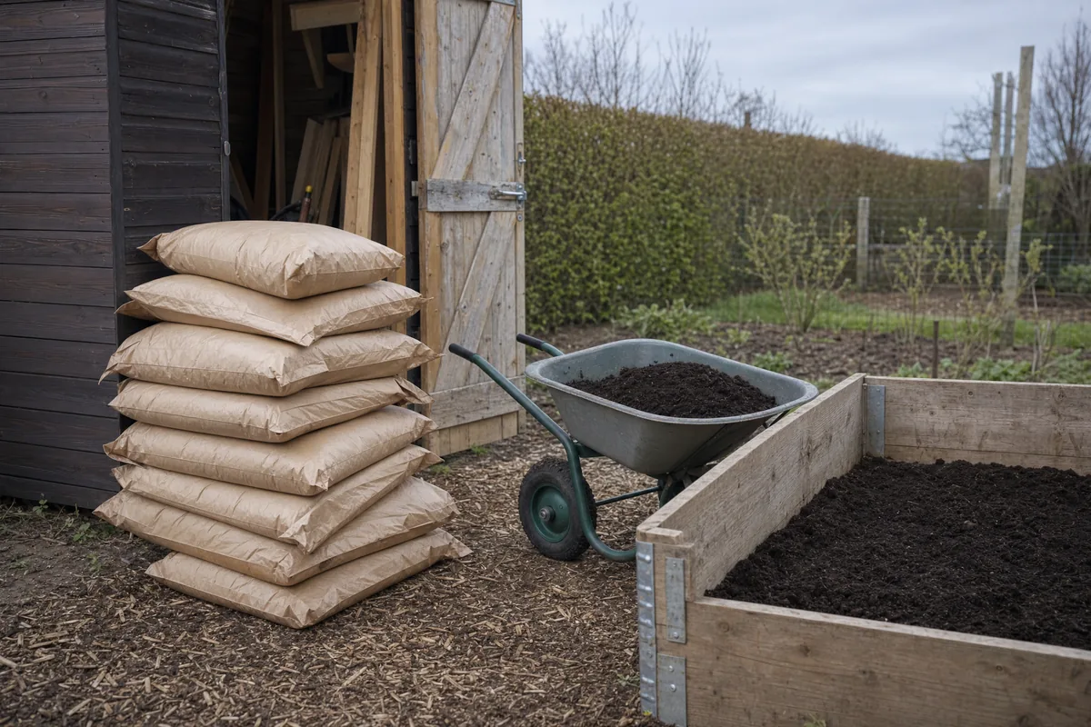 A stack of plain brown soil bags beside a wheelbarrow of dark soil and a wooden raised bed being filled, in front of a garden shed.